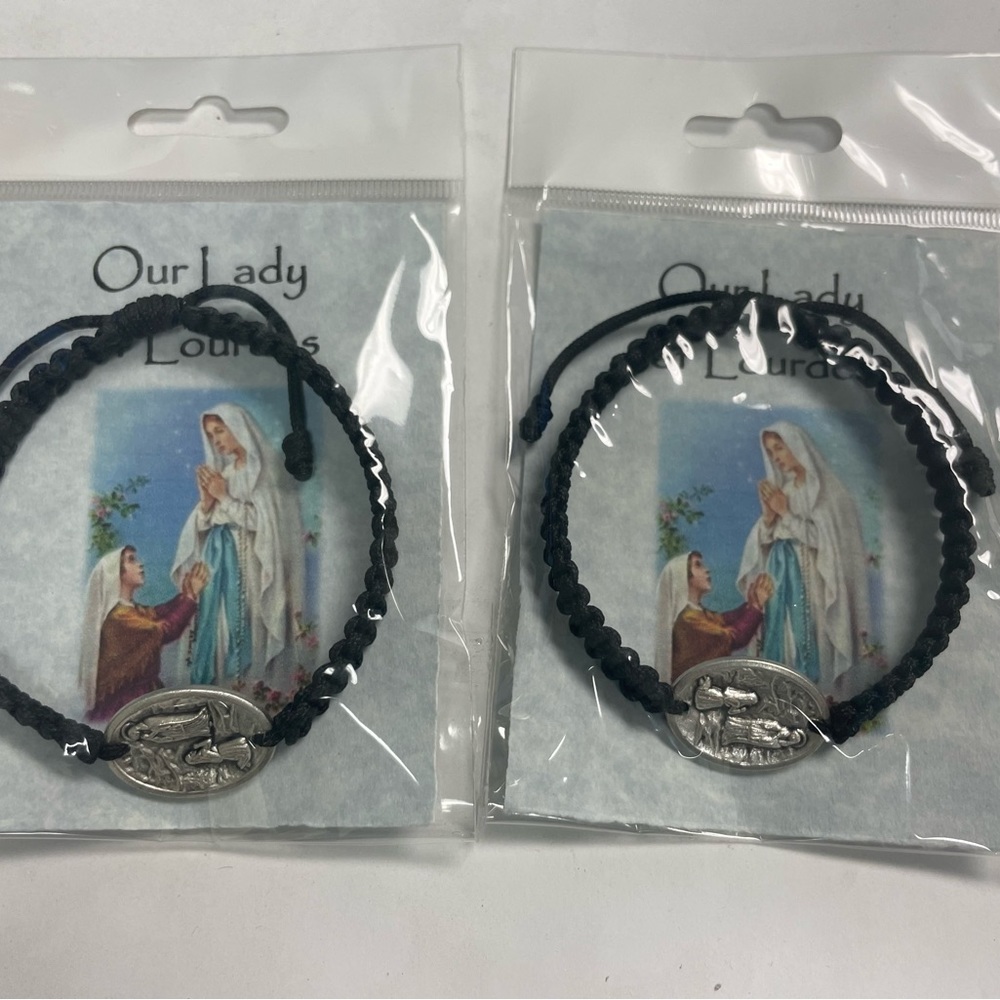Pair of Our Lady of Lourdes Black Cord Silver Tone Bracelets Handmade Croatia